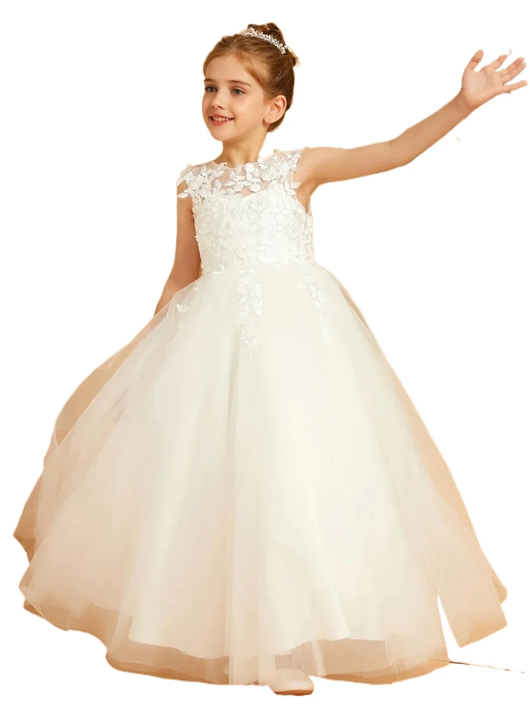 Abiti da ragazza di fiori con applicazioni in pizzo per matrimonio Abito da prima comunione in tulle Abito da ballo senza maniche con abiti da festa con papillon