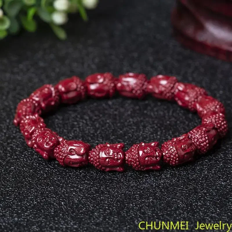 Pulsera de Cabeza de Buda de cinabrio Natural, hecha a mano, garantía anual de 96% de alto contenido