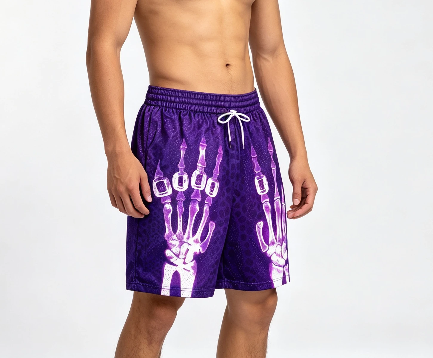 Shorts de Secagem Rápida e Respirável com Estampa de Mão de Esqueleto para Homens e Mulheres, Tendência Casual de Verão para Praia e Rua, Shorts Finos para Férias