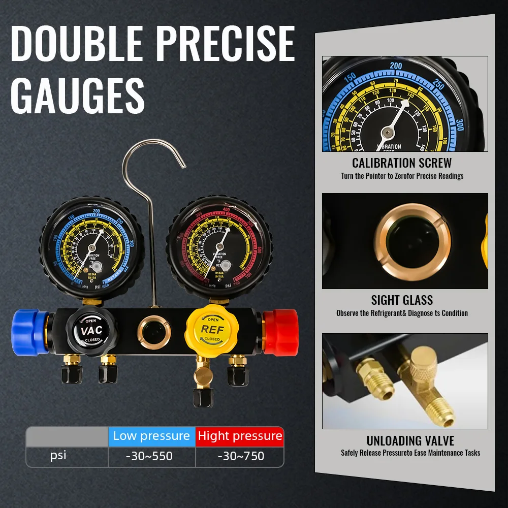 Upgraded 4-Way Air Conditioner Manifold Gauge Kit for R134A R410A R404A R22 Refrigerant with 5 ft Hose and 3 Acme Tanks for Fit