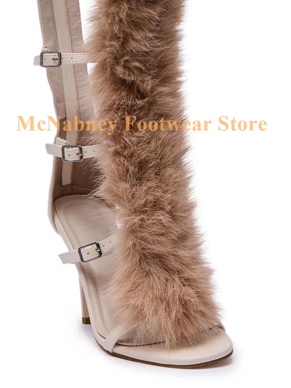 Lvory الفراء مثير كعب ستيليتو الصنادل الرومانية المفتوحة اللوز تو الركبة عالية الصنادل قابل للتعديل زر حزام الخلفية سستة إغلاق #6