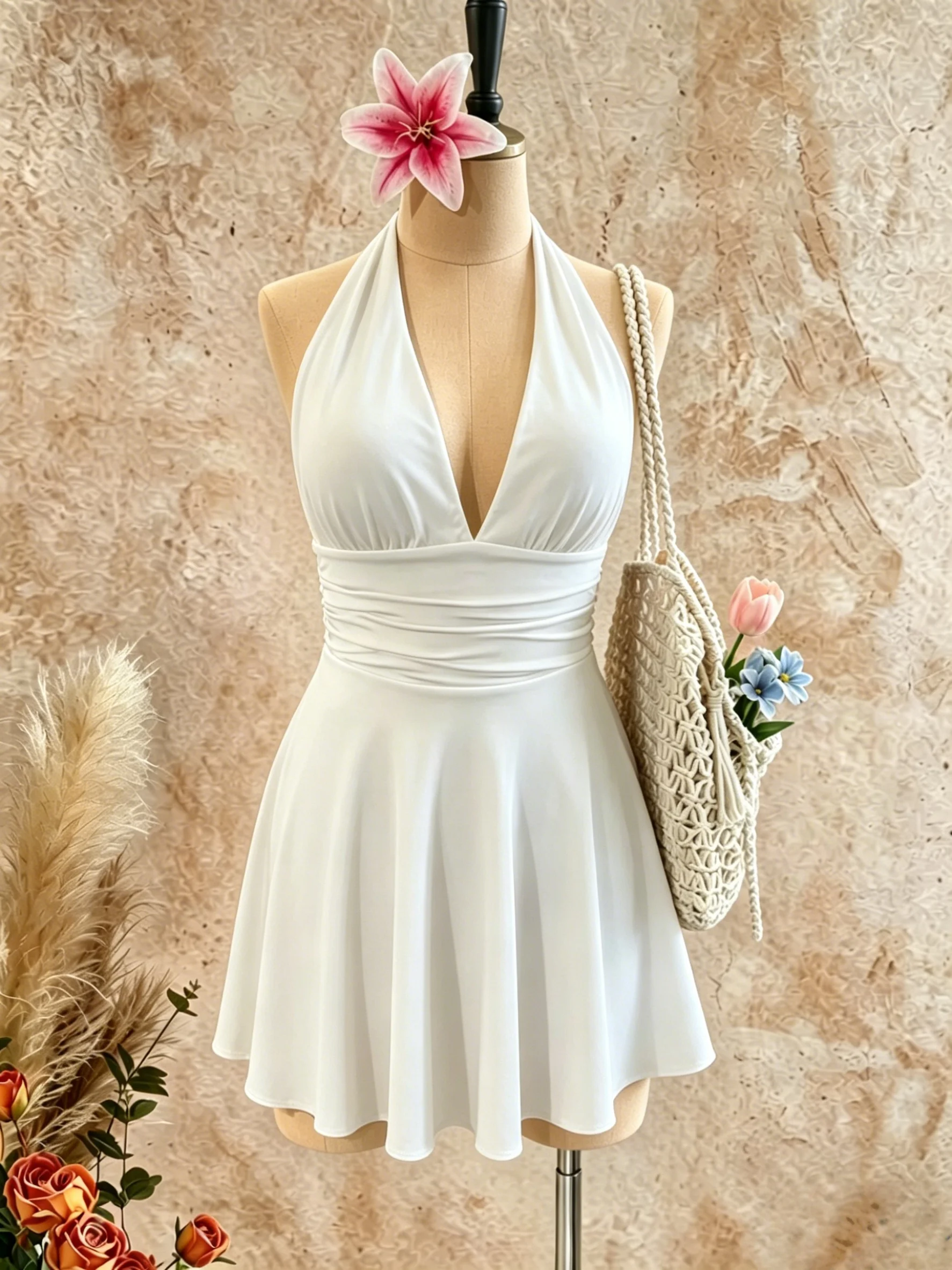 Damen Neckholder-Minikleid mit tiefem V-Ausschnitt und geraffter Taille, A-Linie, ausgestelltes Kleid, Sommer 2026, Strandurlaub, einfarbig Weiß, schmal geschnitten, kurzes Partykleid