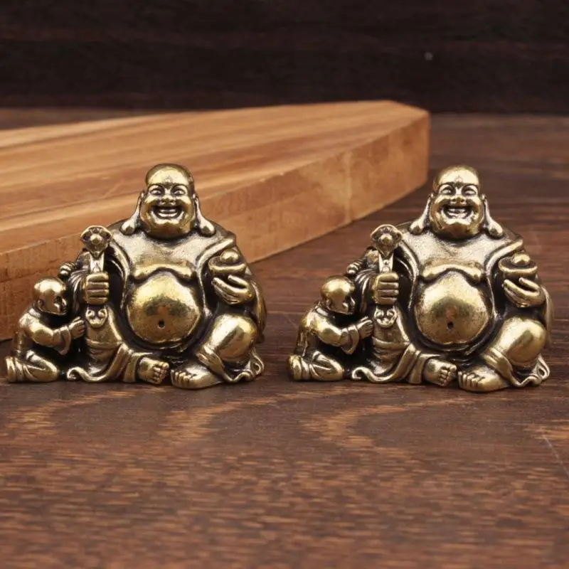 (BF06)Antique Copper Maitreya Buddha Statue Small Desktop Brass Ornament Home Decor Sculptures Religions Room Desk Decoration