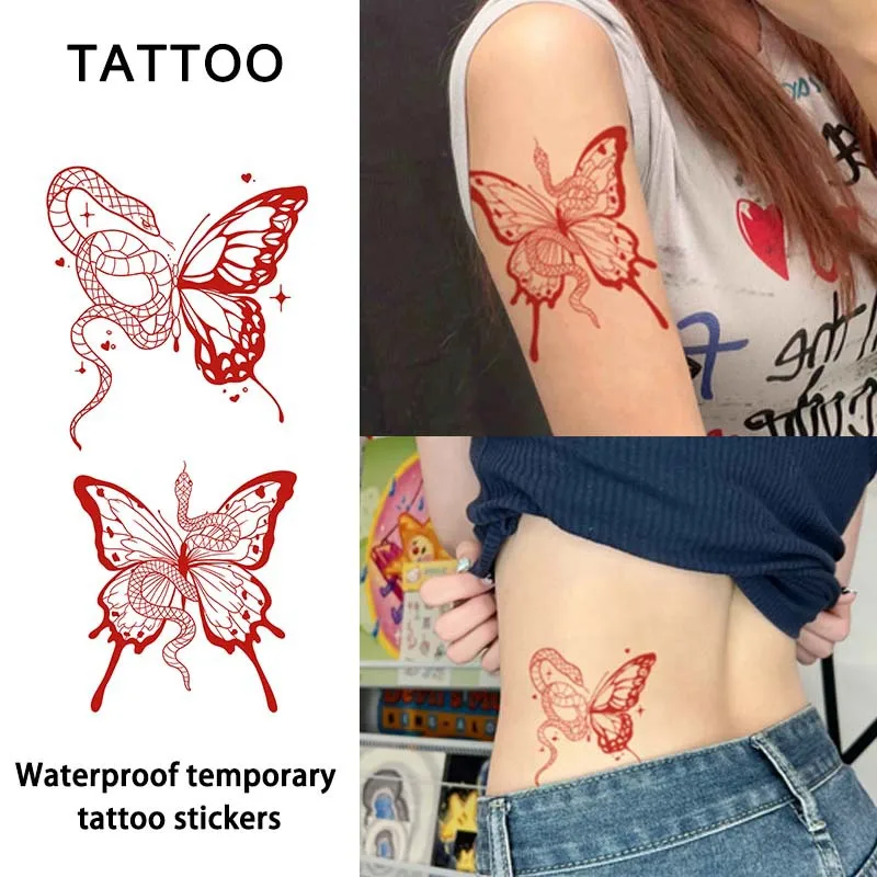 

Red Snake Tangled with Butterfly Tattoos Stickers Colour Sexy Tattoo Semi-permanent Temporary Flower Arm Fake Tattoo Women
