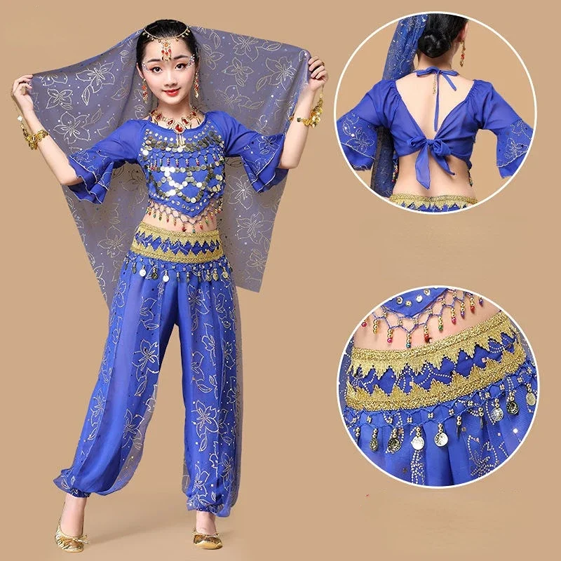 Ensemble de Costumes de danse du ventre pour enfants, robe indienne orientale pour filles, vêtements de danse indienne Bollywood, Costume de spectacle sur scène