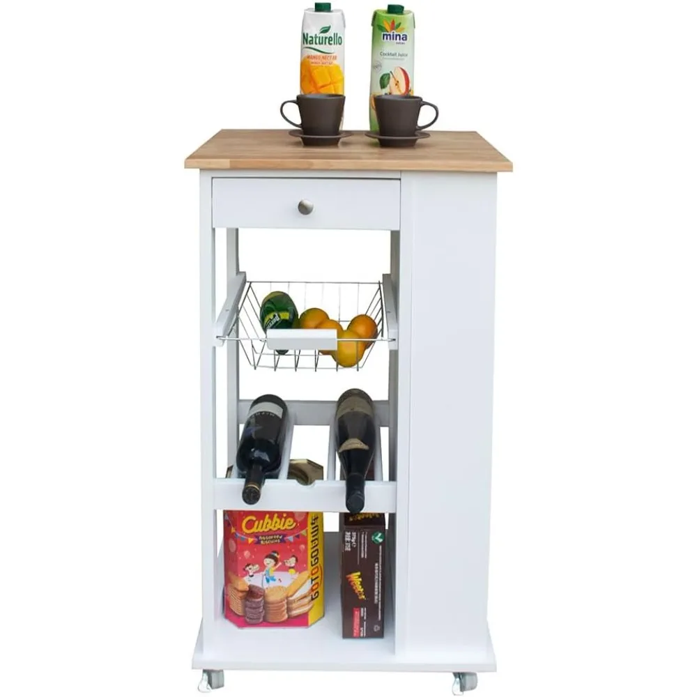 

Kitchen Island Cart Rolling Serving Utility Trolley Cart with Wood Top and Drawer Mobile Rolling Side Table with Two Lockable