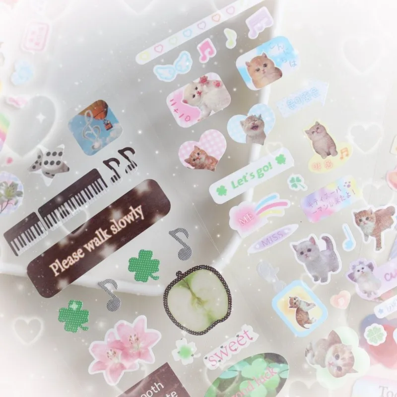 Kawaii Aesthetic Animal Stickers Clover Decal with Glitter Cute Scrapbook Sticker for Journal DIY Sweet INS Stationery Decor