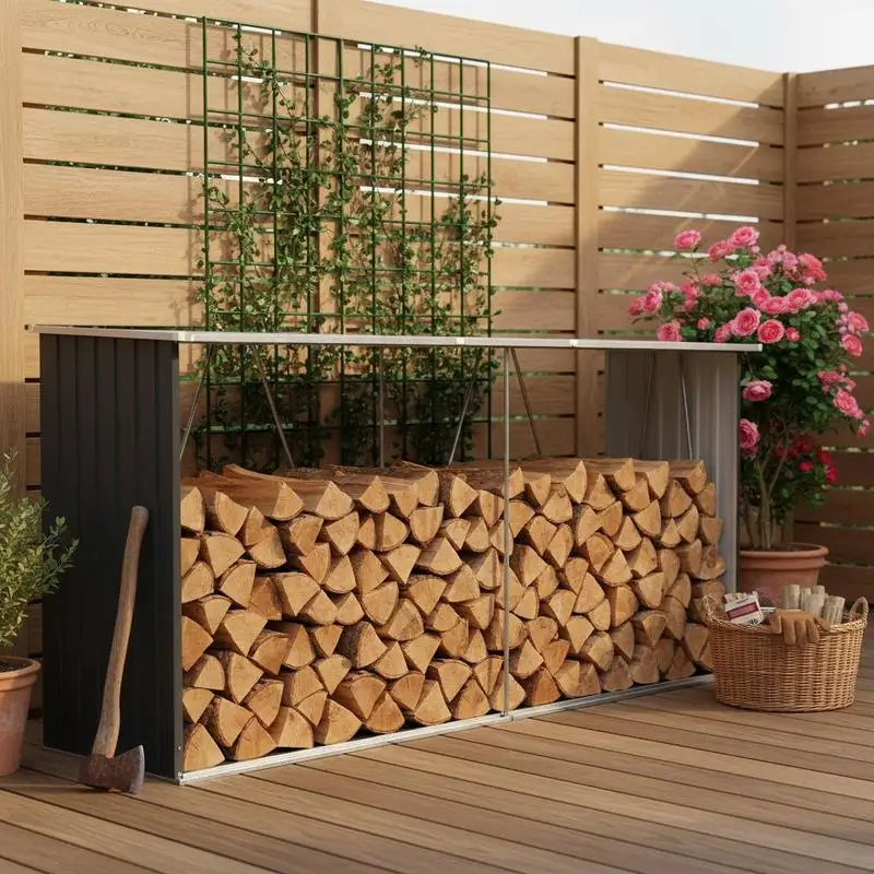Holzregal, verzinkte Stahlstange, 330x84x152 cm, Anthrazit