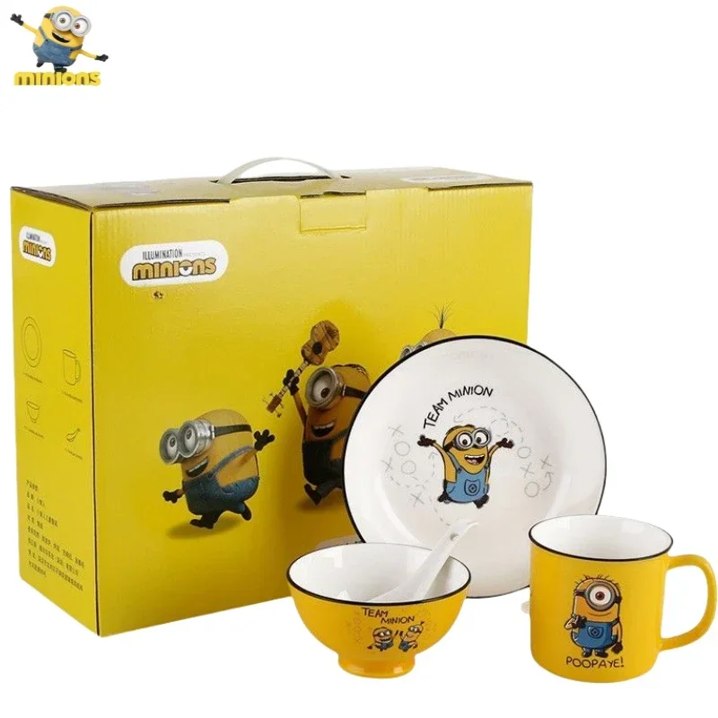 Despicable Me Minions Anime Peripheral Cartoon Cute Ceramic Bowl Spoon Water Cup Creative Kawaii Children's Tableware Set Gift