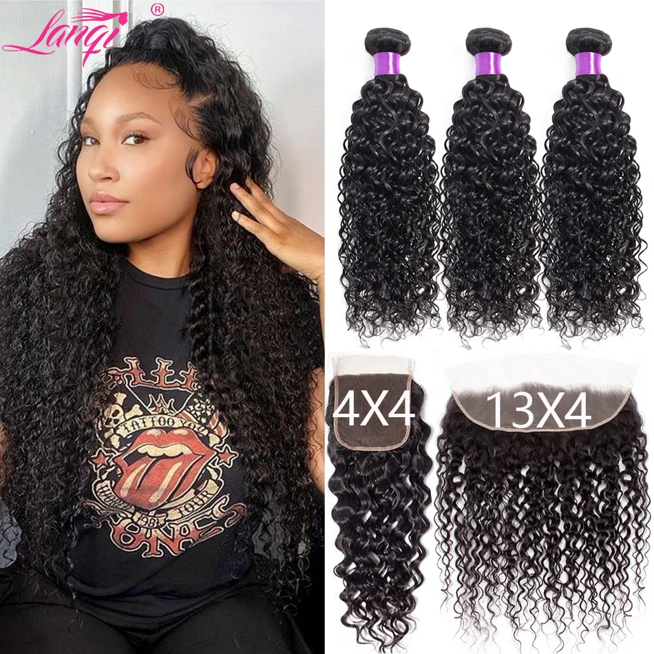 

Water Wave 3/4 Bundles With Frontal Deep Wave Remy Human Hair Bundles With Closure Transparent Swiss Lace Brazilian Hair Weave