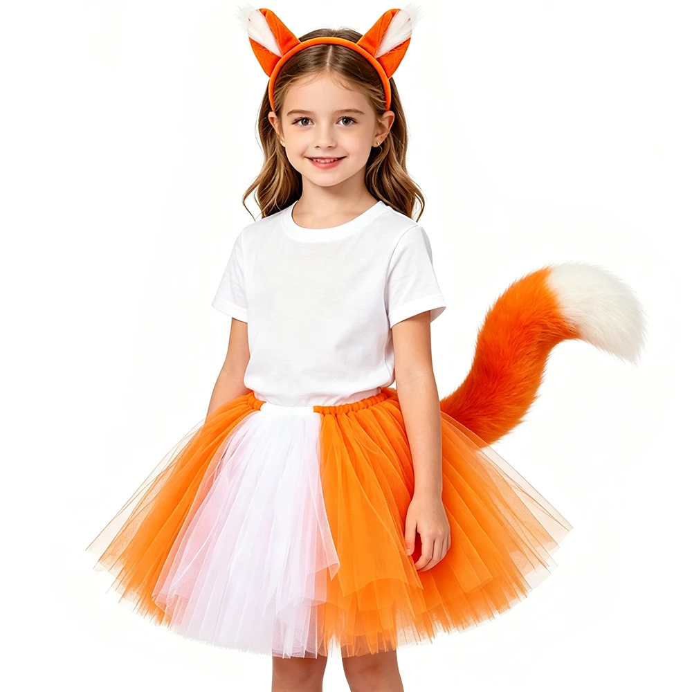 Fox Tutu Skirt Costume for Girls Halloween Carnival Party Tutus Orange White Toddler Kids Layered Tulle Skirt with Ears and Tail