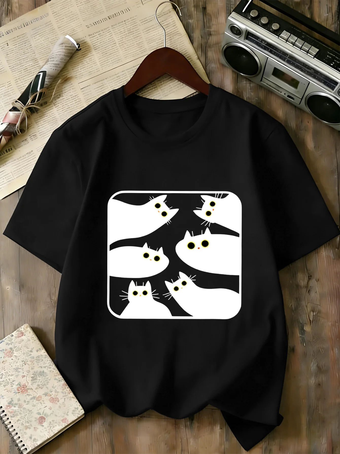 Boys Girls Family Matching Tee Minimal Black Cat Group Illustration Print Short Sleeve Soft Cotton Kids Daily Outdoor Outfit