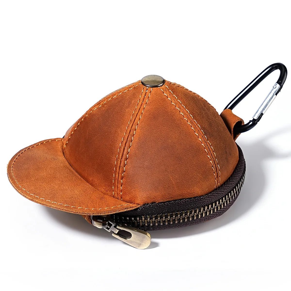 Genuine Crazy Horse Leather Coin Purse Hat Style Waist Hanging Bag Small Zipper Pouch for Earbuds Change Creative Mini Money Bag