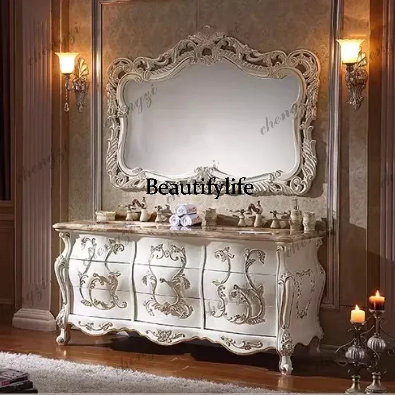 Y136 Y136 Fashion Vanity European Style Solid Red Oak Wood Combination Curved Oak Double Basin Marble Top Hand Washing Cabinet