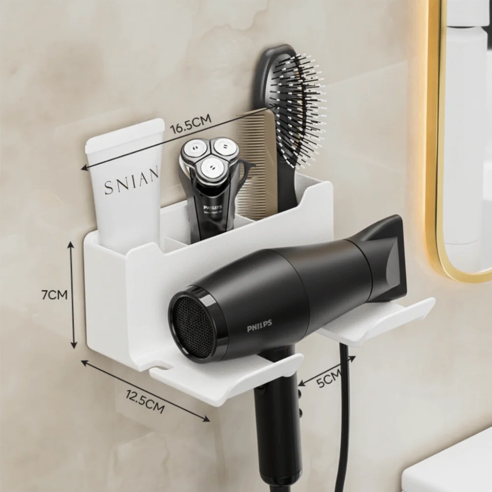 حامل مجفف الشعر المحمول المثبت على الحائط، رف تخزين مجفف الشعر العالمي ذاتي اللصق مع مقصورات رف تخزين الحمام #1