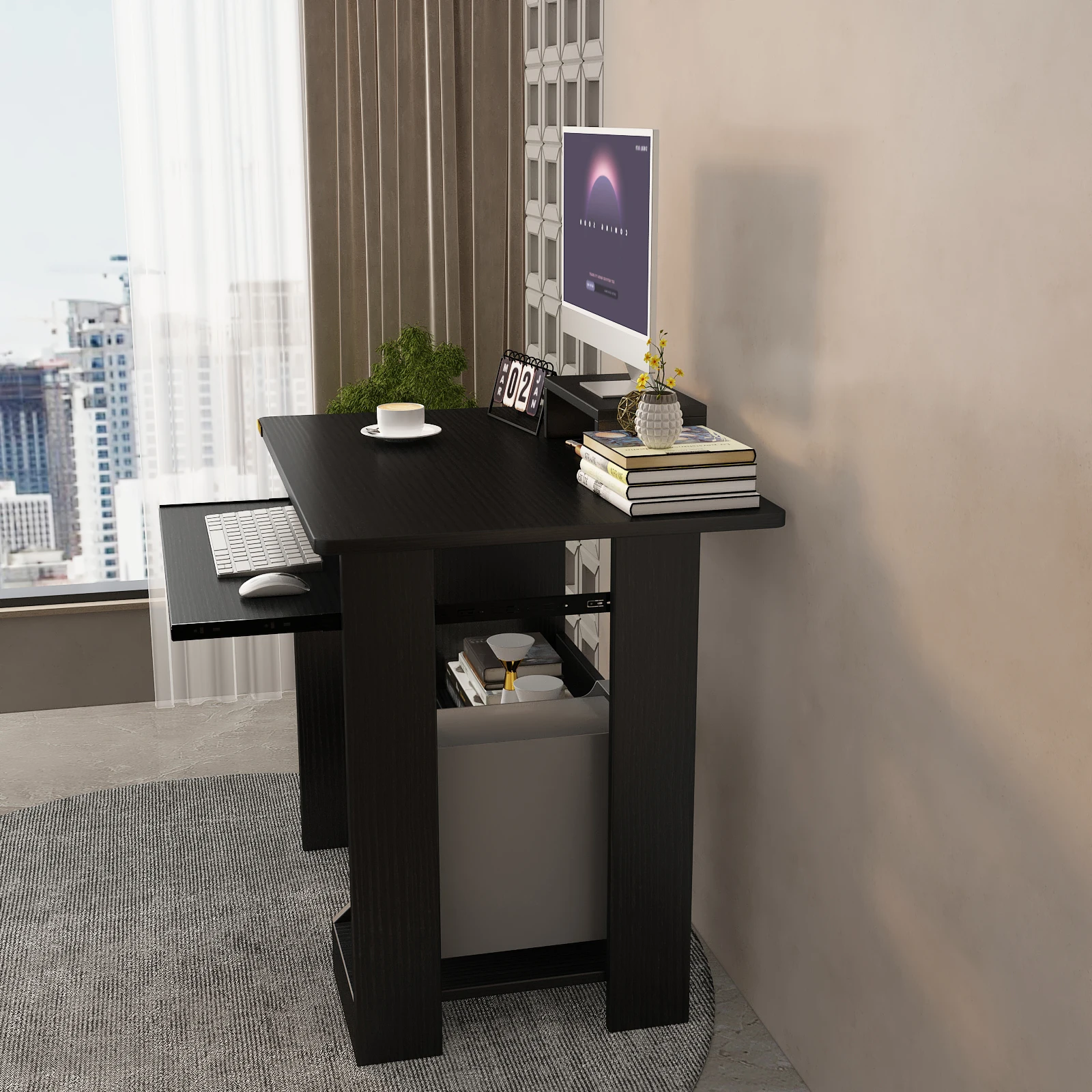 Home Office Computer Desk with Monitor Stand Keyboard Tray,  Study Desk PC Laptop Table , Modern Workstation for Small Spaces