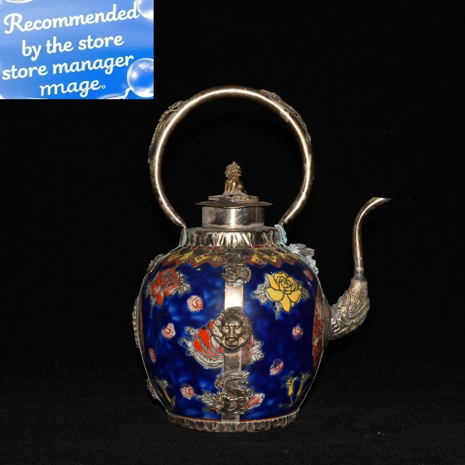 

Porcelain Copper Chinese Old Handwork Carving Lion Dragon Tea Pot Garden Decoration 100% real Tibetan Silver Brass