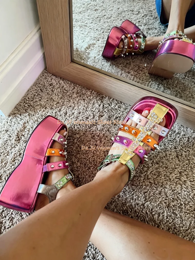 Metallic Color Splicing Platform Sandals Rivet Decorate Pink Rome Style Rave Party Punk Style Footwear Luxury Women's Shoes