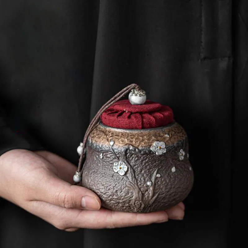 Coarse Pottery Plum Blossom Pattern Tea Caddy Sealed Storage Pu'er Green Tea Pot Spice Nut Jar Kitchen Teaware
