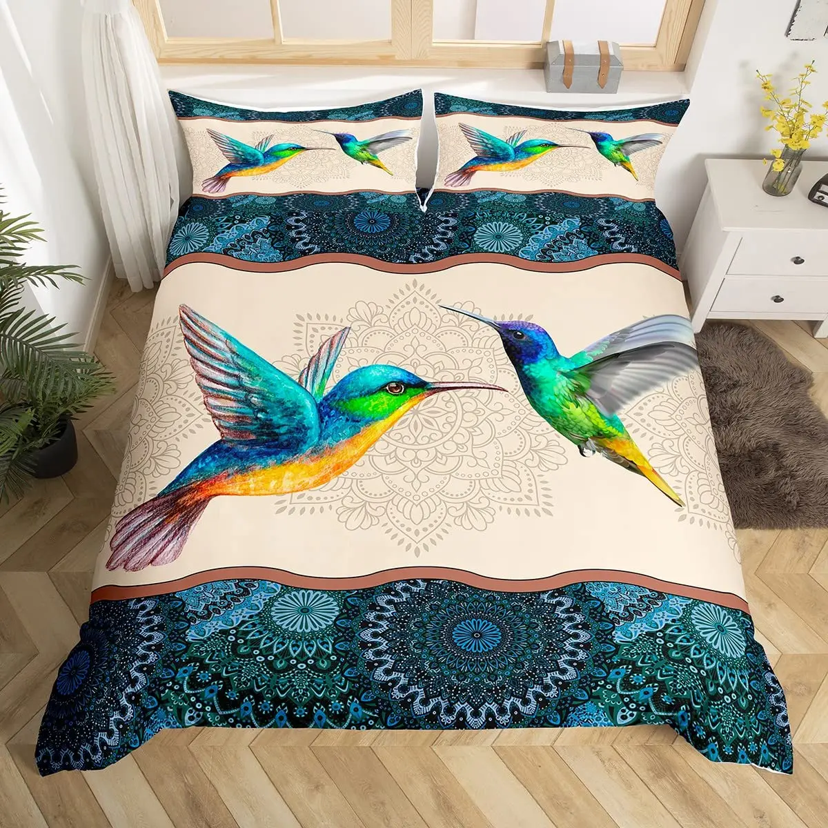 

Boho Mandala Duvet Cover Set Hummingbird Bedding Set Microfiber Farmhouse Cute Birds Comforter Cover Queen for Kids Boys Girls