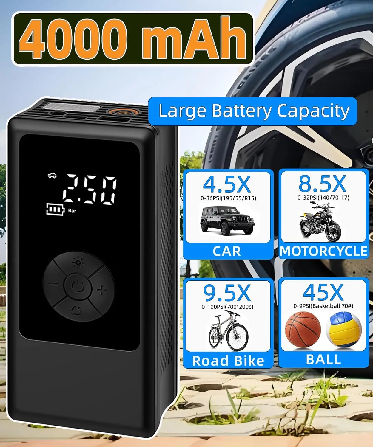 منفاخ إطارات محمول 150 رطل لكل بوصة مربعة ضاغط هواء مع مقياس، مضخة سيارة ودراجة لاسلكية للإطارات وكرة السلة والكرات الرياضية #5