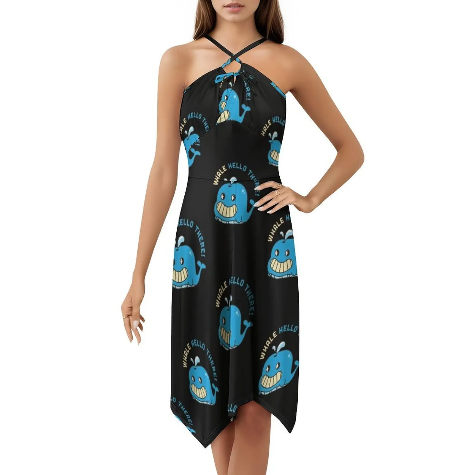الحوت مرحبا هناك! فستان نسائي أنيق للحفلات على شكل حرف A مع خيارات قصيرة/طويلة/بدون أكمام، حوت الحوت Hello There Pun #5