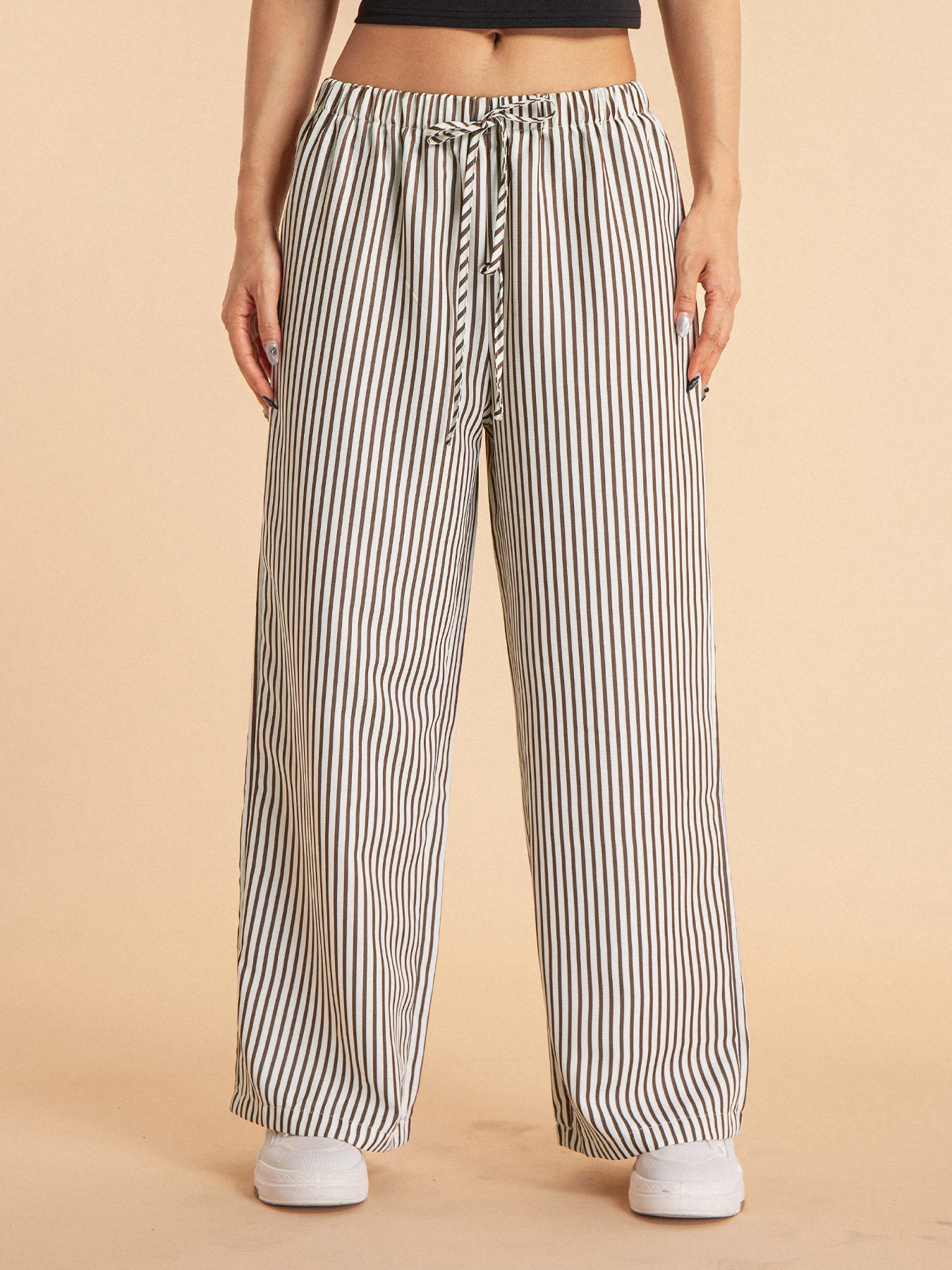 Damenmode, lässig, gestreift, bedruckt, weites Bein, elastische Kordelzug-Taille, vielseitige, lockere Hose mit weitem Bein