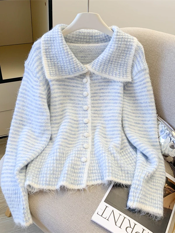 

Вязаный свитер с воротником в полоску в стиле ретро, женский джемпер больших размеров, универсальная высококачественная зимняя верхняя одежда для поездок на работу Sle Long Sve