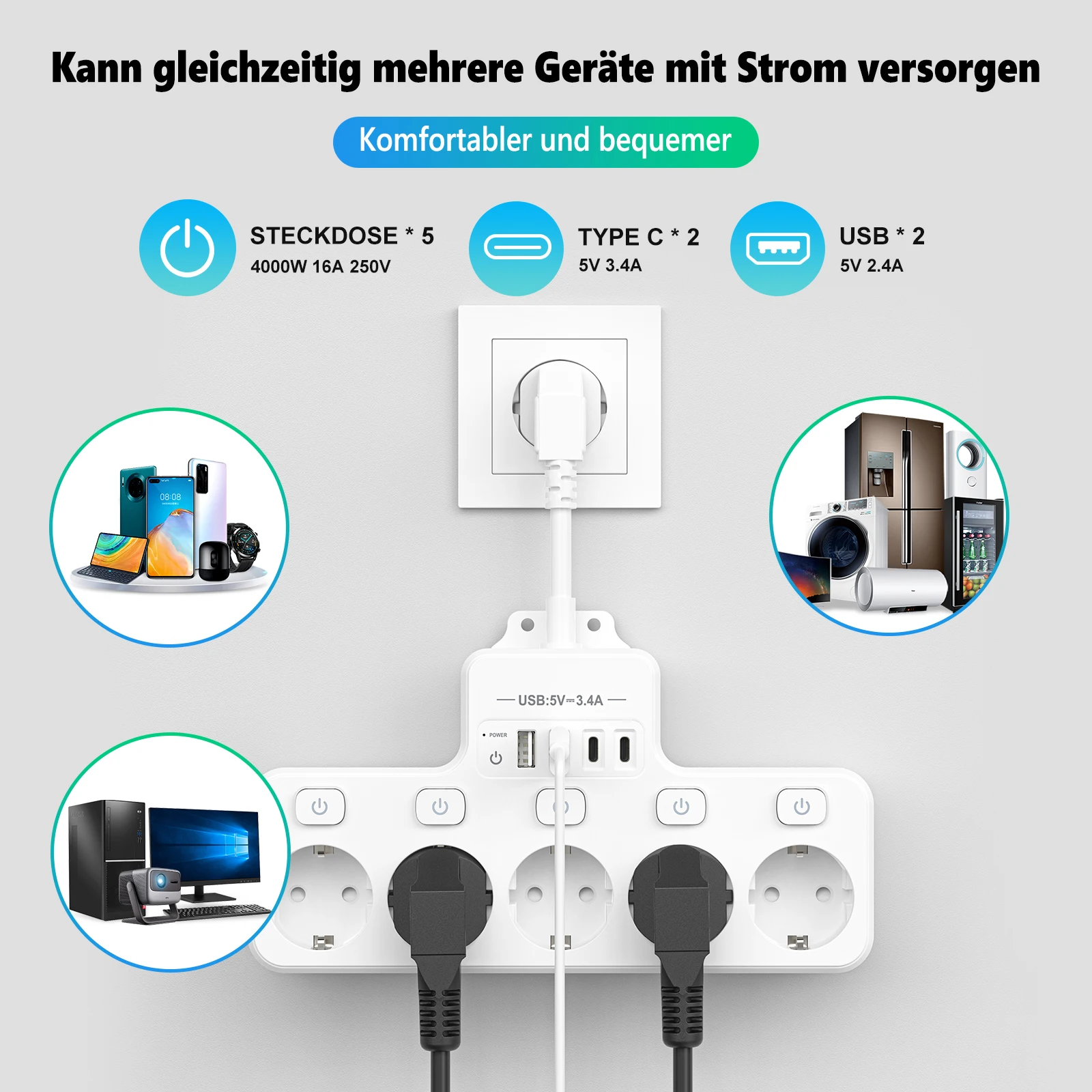 Power Strip 5-Way Multicontact Outlet EU Plug with 4 USB Ports 3.1A/5V 3840W Multiple Electrical Socket with Switch For Home