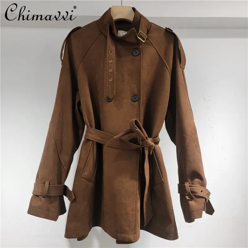 2025 Autumn Clothes New Fashion Retro Stand Collar Lace-Up Jacket Women Cool Slim Fit Elegant Long Sleeve Suede Trench Coat