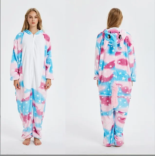 Women Kigurumi Unicorn Pajamas Flannel Jumpsuit Winter Suit Onesie Full Body Unisex Adult Sleepwear Oversize Kid Bodysuit