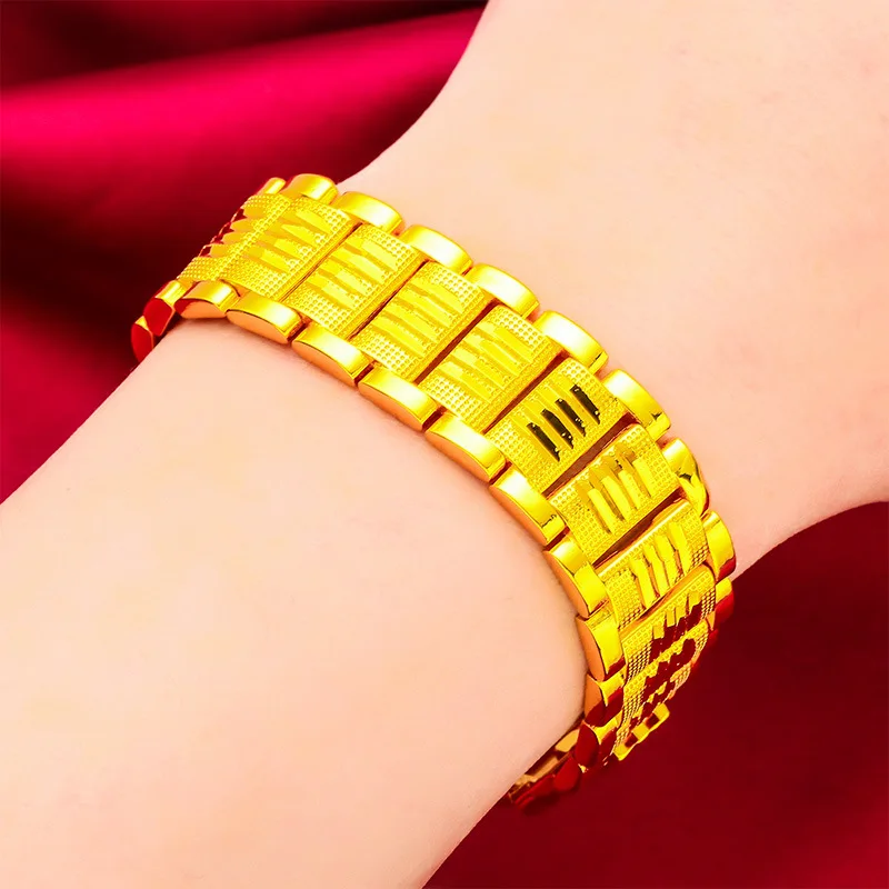 

Luxury Pure K18 Gold Color Men's Bracelet Wide Version Gold Color Watch Chain Bangle Bracelet Chain for Men Jewelry Gifts