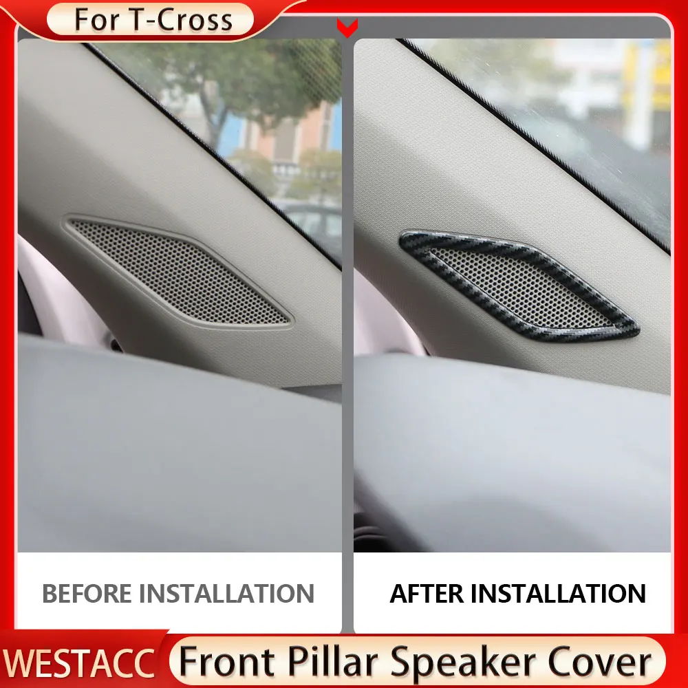 Carbon Fiber Car Front Pillar Speaker Cover Trim Sticker for Volkswagen T-Cross Tcross 2018 2019 2020 2021 2022 2023 Accessories