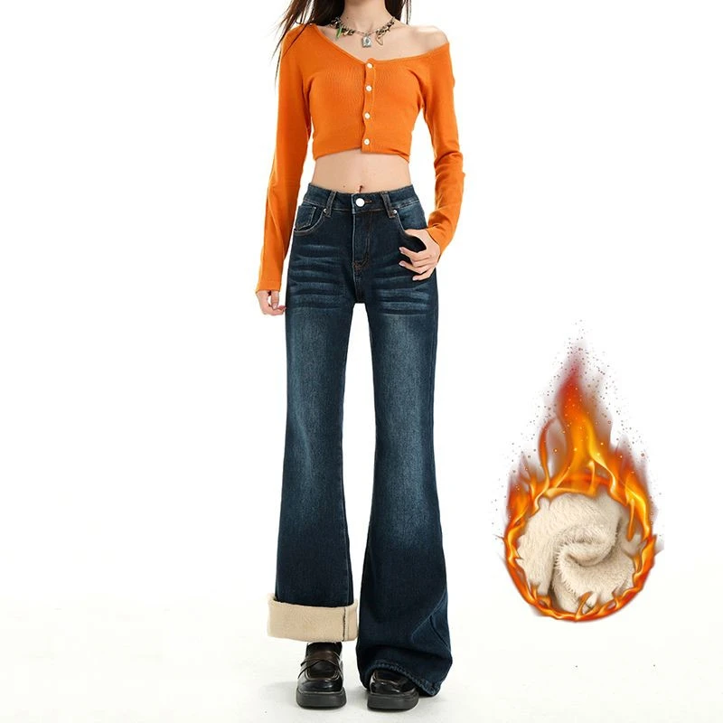 FINEWORDS 빈티지 한국 겨울 캐시미어 플레어 청바지 여성 캐주얼 하라주쿠 따뜻한 청바지 스트리트웨어 하이 웨이스트 벨 바텀 청바지