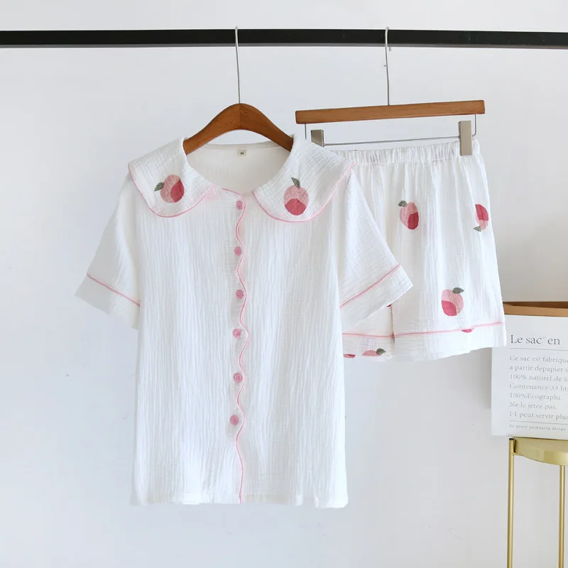 

Wholesale & Retail Japanese Crepe Short Sleeve Shorts Summer Pajamas Women's Thin Washed 100% Cotton Gauze Loungewear Short Set