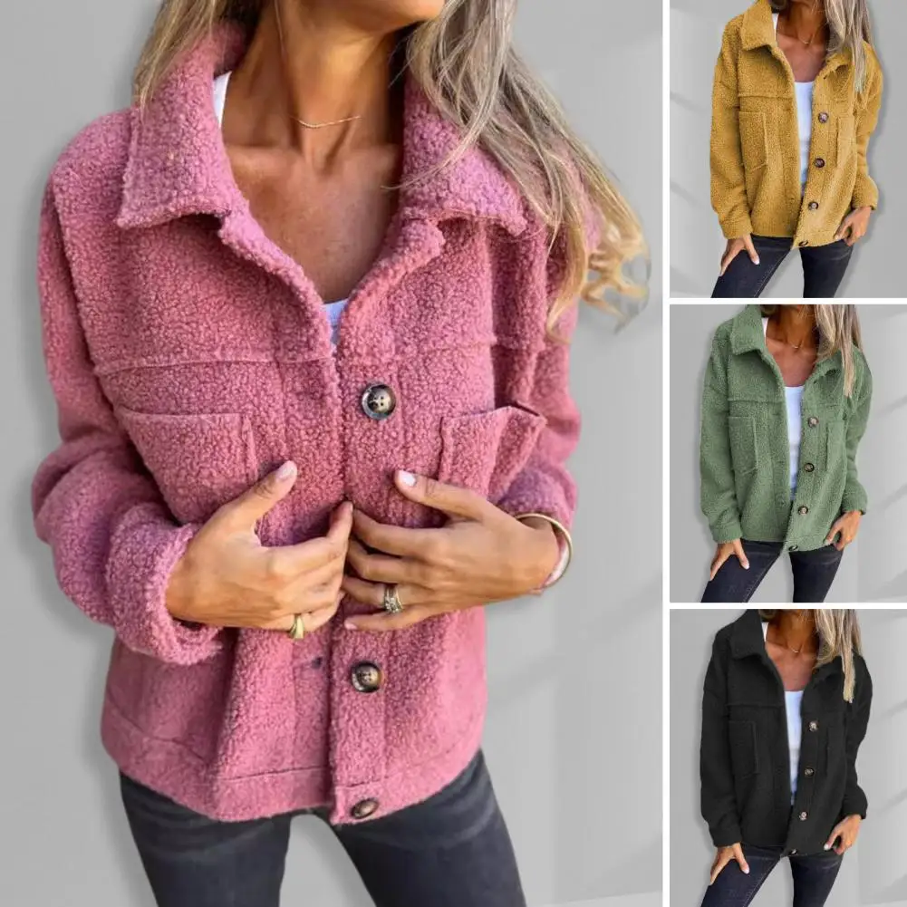 Single-breasted Jacket Women Jacket Cozy Fleece Winter Jacket with Double Pockets Button Closure Women\'s Long Sleeve for Outdoor