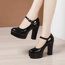 Small Size 32-43 Black Genuine Leather Shoes Shallow Platform Pumps Women 2024 Block High Heels Mary Jannes for Office Model Mom