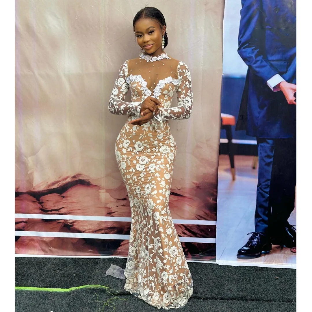 

African Mermaid Wedding Dresses Nude Lining Lace Long Sleeve Bridal Gown Elegant Party Dress robe de mariée Customized