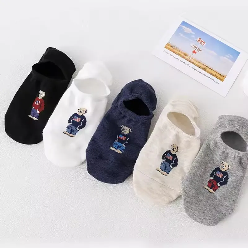 Summer 5 Pairs 1 Set Fashion Mens Cartoon Bear Autumn Socks Non Slip Transparent Comfortable Silicone Cotton Ankle Slippers