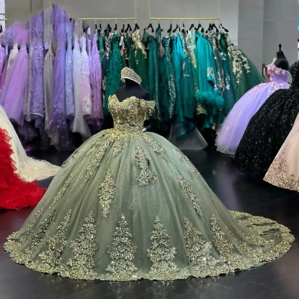 Sage Green Off spalla abiti Quinceanera Luxury Party perline Appliques di pizzo dolce 16 abito Ball Gown Vestidos De 15 Anos