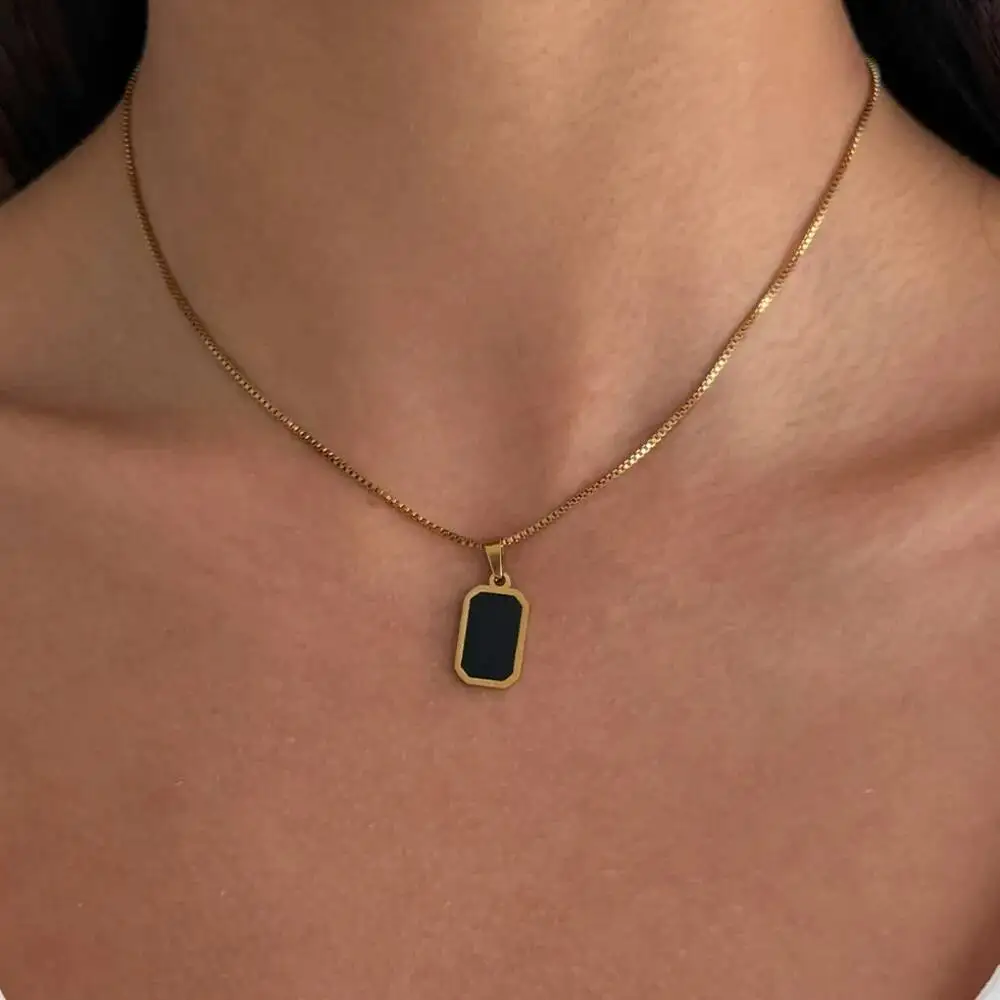 KunJoe Stainless Steel Simple Square Pendant Necklace Women 18K Gold Plated Exquisite Clavicle Chain Waterproof No Fade Jewelry