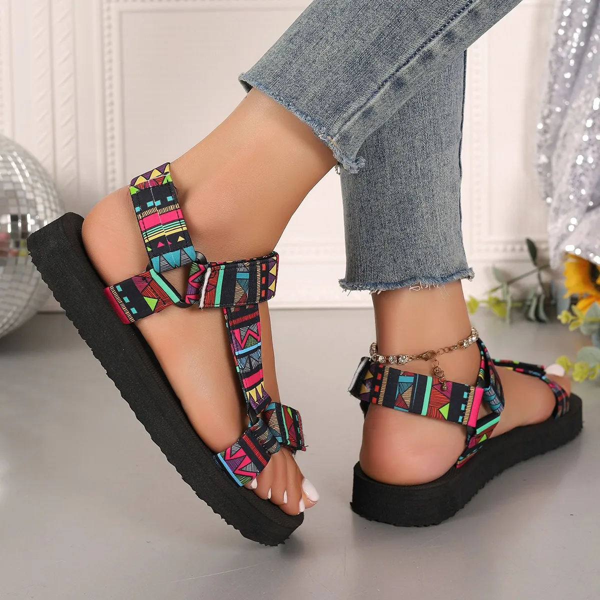 Womens Stylish Paisley Pattern Sandals - Adjustable Ankle Strap Perfect Beach Vacation Shoes for