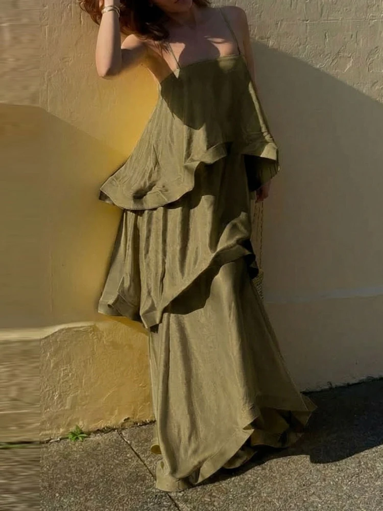 Lange elegante zomerjurk met schouderbandjes, gelaagd satijn, feestjurk, nieuw damesmodel, mouwloos, met uitsparingen, strandmaxi-jurk 2026