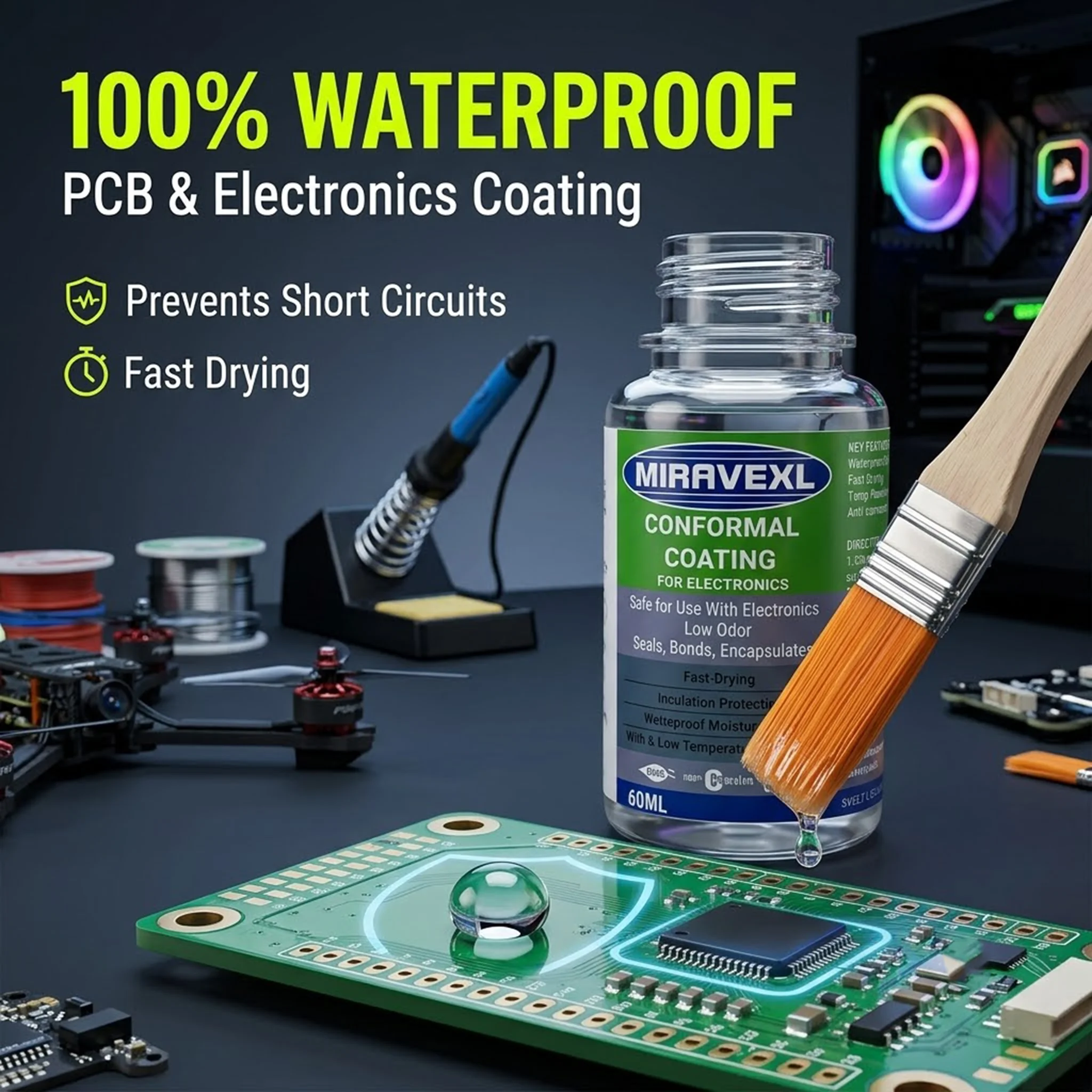 MIRAVEXL 60ml Revêtement Conforme Transparent pour Électronique avec Pinceau, Ruban Électrique Liquide Étanche, Peinture pour Carte de Circuit Imprimé