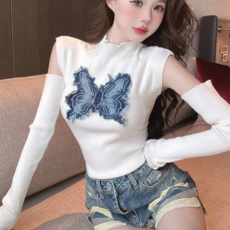 Pullovers Women Butterfly Patch Designs Slim Basic Knitted Crop Tops Girls Fashion All-match Half High Collar Aesthetic Temper