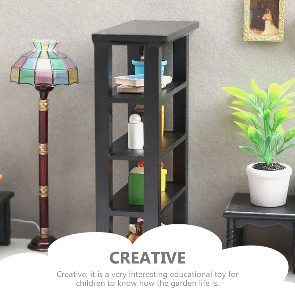 Black Flower Stand Decor Mini House Display Bookshelf Decoration Miniature Bookcase Tiny Model Wood Furniture Four-layers Rack