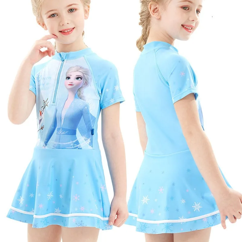 อะนิเมะ Disney series Frozen Elsa สําหรับเด็กและเด็กผู้หญิง ใหม่น่ารักสร้างสรรค์การ์ตูนรูปแบบแห้งเร็วระบายอากาศชุดว่ายน้ําชิ้นเดียว