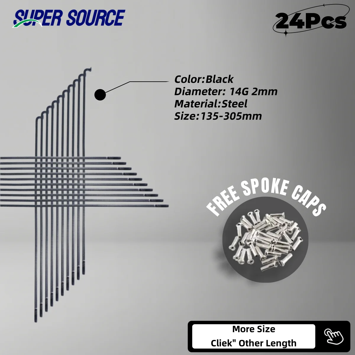 

14 г стальные спицы с гальваническим покрытием, 24 шт., черные спицы для горного велосипеда с колпачками для спиц, аксессуары для велосипеда, длина спиц по индивидуальному заказу