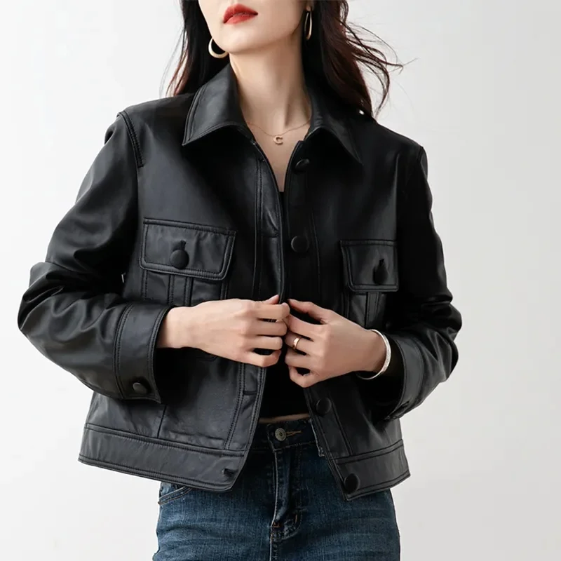 Spring Autumn Short Leather Jacket Women\'s 2023 New Slim Outerwear Square Collar Straight Trend Small Fragrance Coat Ladies Tops