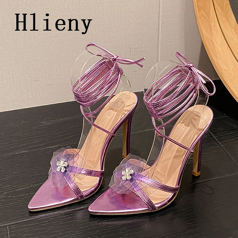 Hlieny Fashion Crystal Flower Ankle Strap Sandals Thin High Heels Women's Pointed Toe Party Female Wedding Shoes Sandalias Mujer